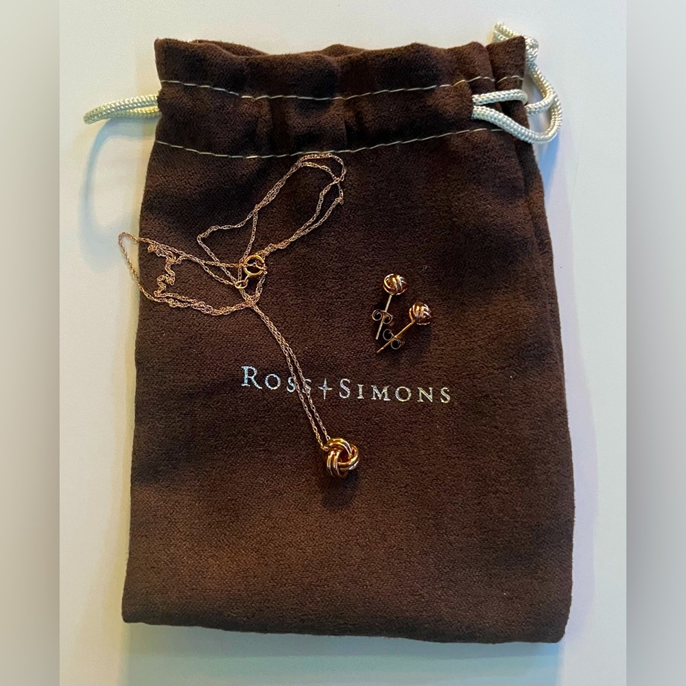 Ross+ Simmons 14k gold love knot necklace and earrings